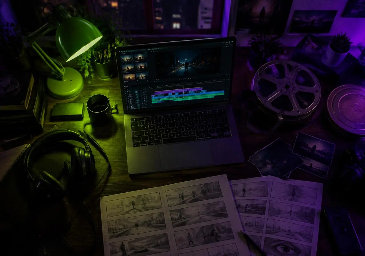 A creative editing desk at night with a laptop timeline, storyboards and headphones